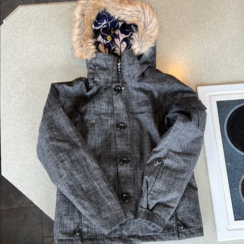 The North Face Gray Ski Jacket with Faux Fur Hood
